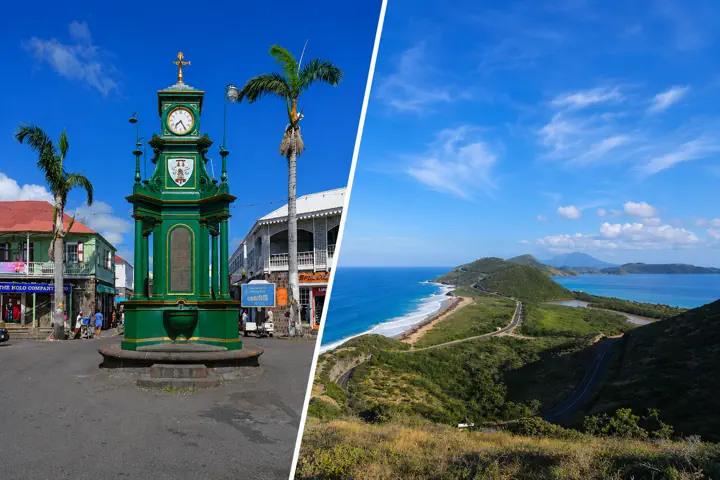 Basseterre clock tower and St Kitts coastline on the Sugar City and Beach Tour